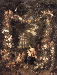 Den heliga familjen i en krans av blommor och frukt